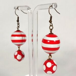 Handmade Red and White Wood Bead Fishhook Post Earrings